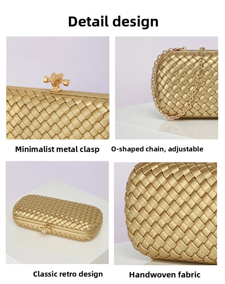 Edenista crossbody woven PU evening bag in gold with chain strap, minimalist metal clasp, box-style shape.