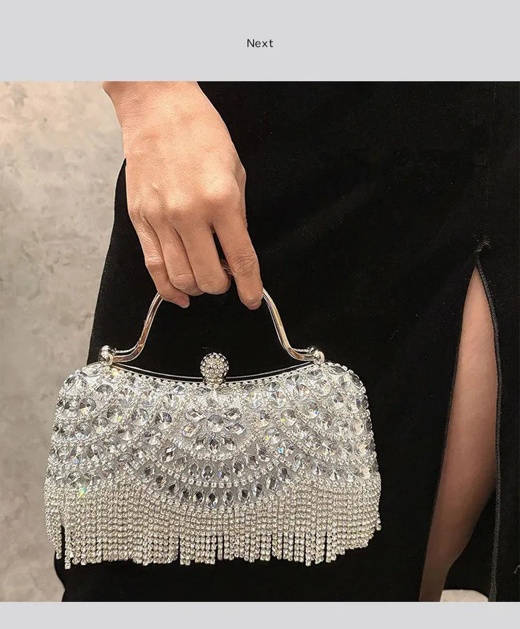 Edenista diamond evening clutch bag with silver rhinestones and fringe beaded trim