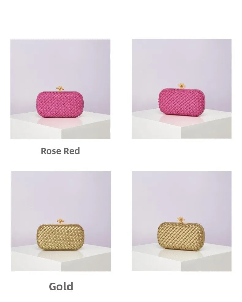 Edenista woven PU crossbody bag in rose red and gold, with gold clasp, shown in four angle views