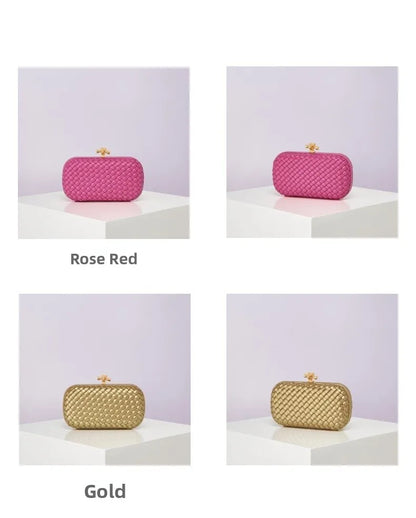 Edenista woven PU crossbody bag in rose red and gold, with gold clasp, shown in four angle views