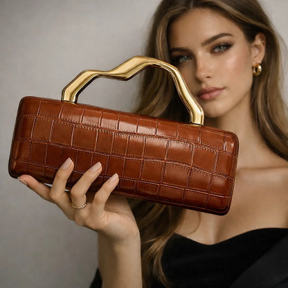 Edenista burgundy crocodile-pattern PU evening clutch with gilded shaped handle