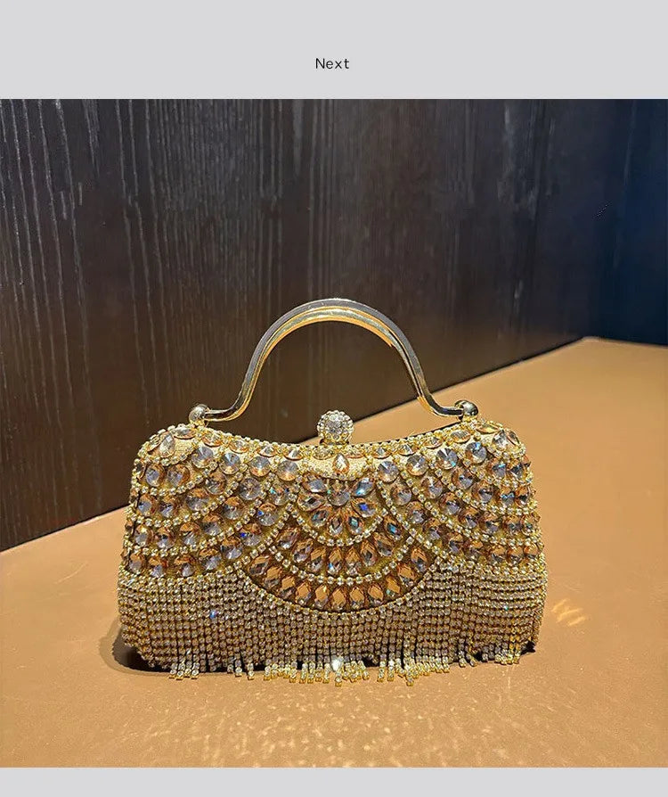 Edenista gold Diamond evening clutch with crystal rhinestones and fringe tassel