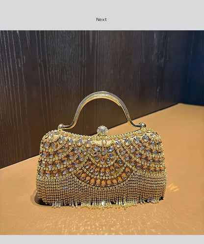Edenista gold Diamond evening clutch with crystal rhinestones and fringe tassel