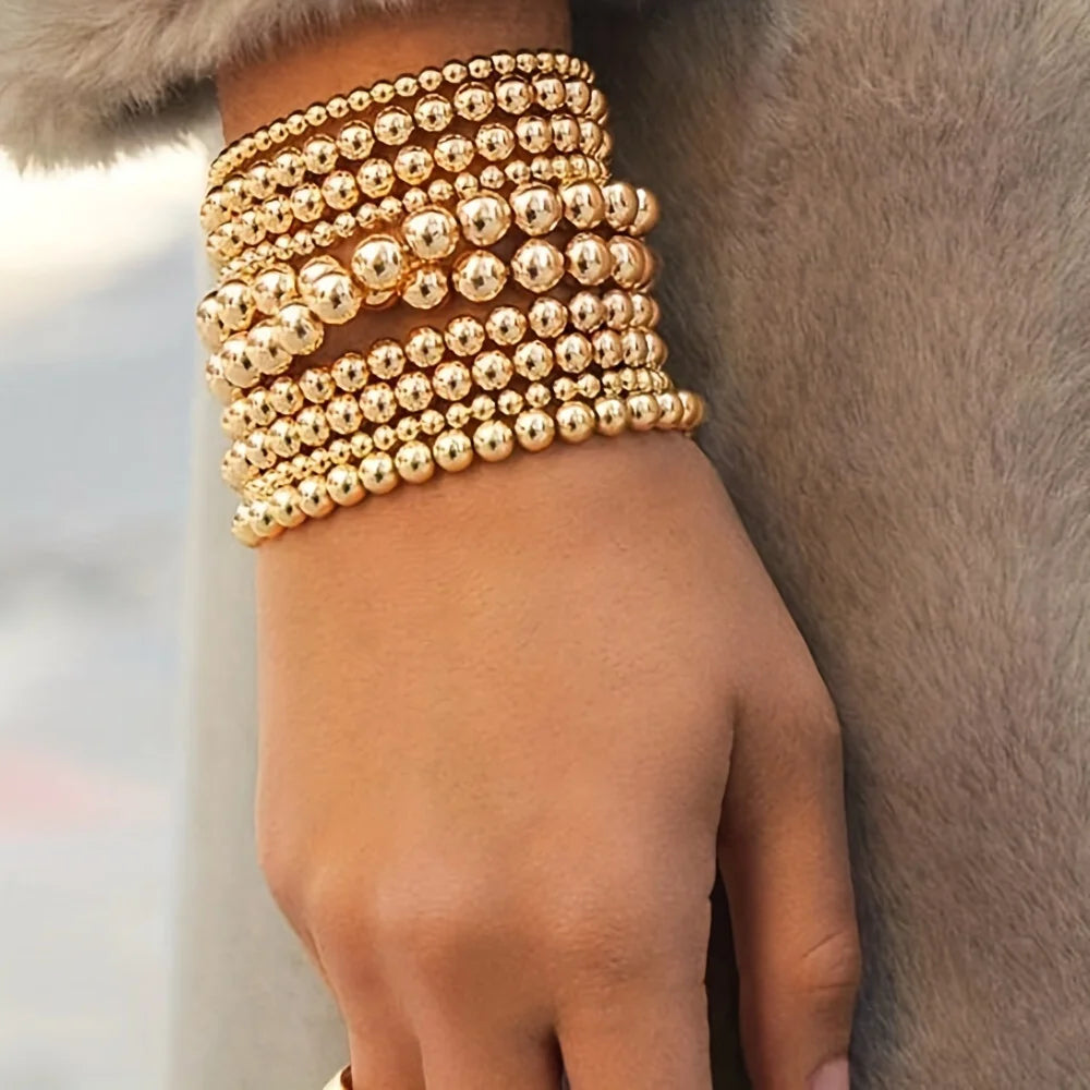 7PCS Golden Bead Bracelet Set for Women Flexible Stretch Fit Minimalist Beaded Bangles by edenista