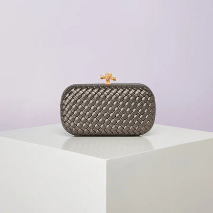 Edenista crossbody bag, PU woven evening box purse in metallic gray with gold clasp.
