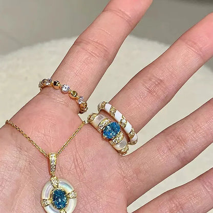 Classic blue jewelry sets dreamy aquamarine gem White Fritillaria Ring necklace by edenista