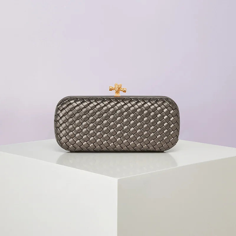 Crossbody woven PU evening bag by Edenista, metallic gray with a gold-tone clasp
