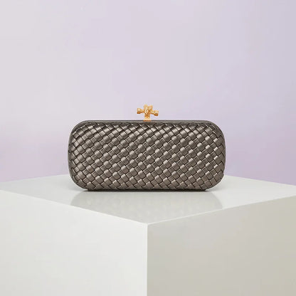 Crossbody woven PU evening bag by Edenista, metallic gray with a gold-tone clasp