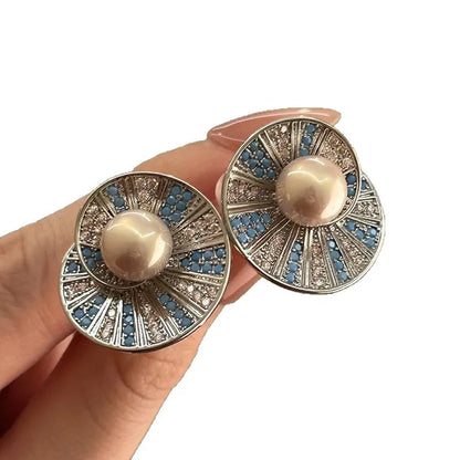 Blue Crystal Flower Stud Earrings for Women – Silver Plated