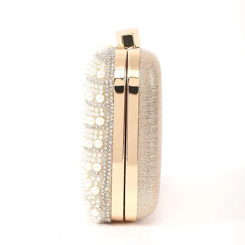 Ladies pearl beaded evening clutch by Edenista with long chain, champagne-gold finish and gold-tone frame