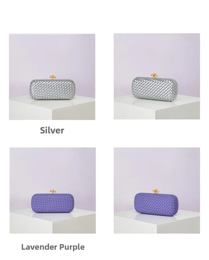 Edenista woven PU evening bag in silver and lavender purple, gold clasp, four angles shown.