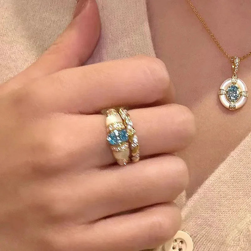 Classic blue jewelry sets dreamy aquamarine gem White Fritillaria Ring necklace by edenista