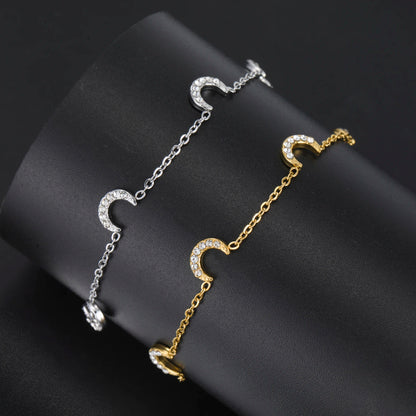 Clear Zircon Crescent Moon Charm Bracelet Stainless Steel Gold Color by edenista