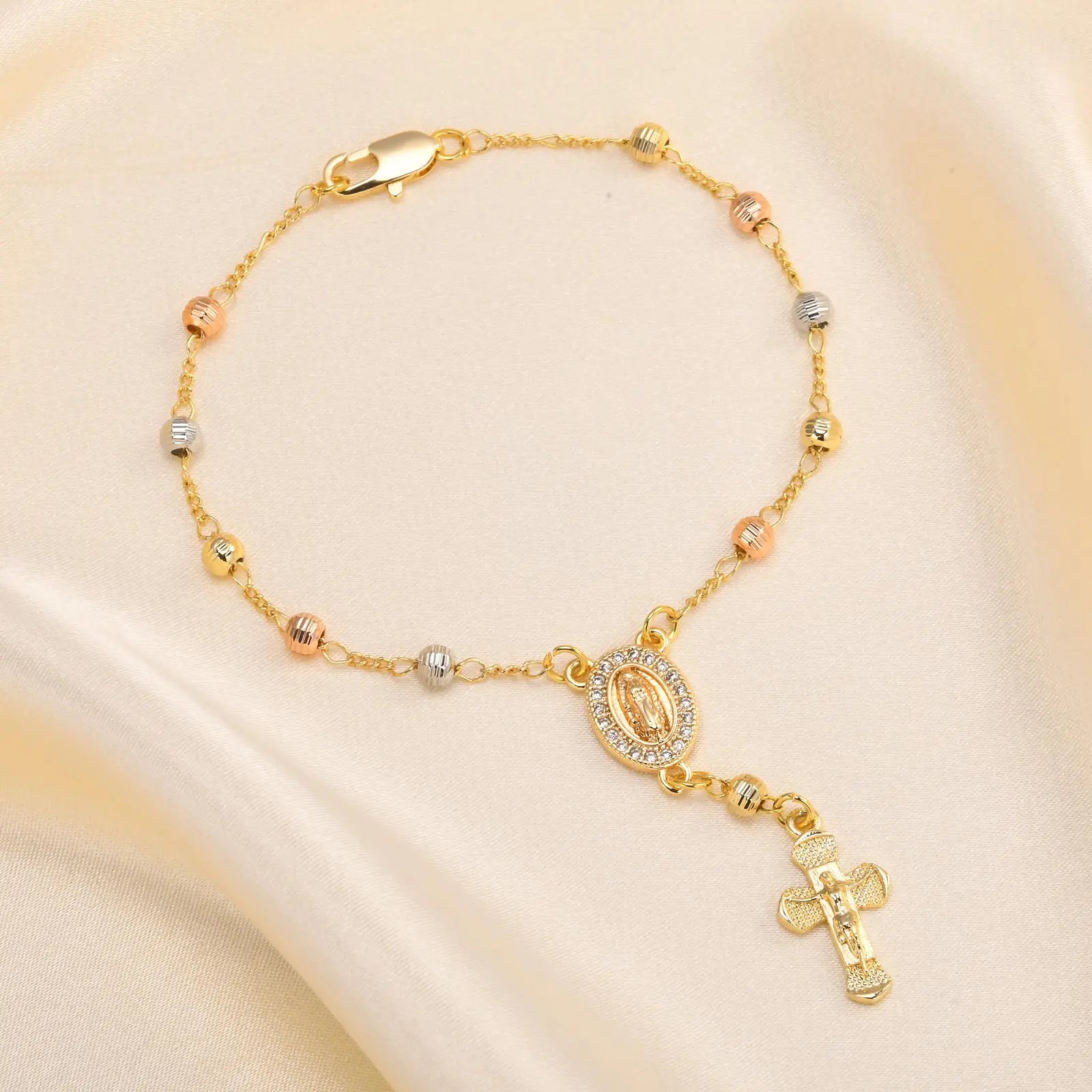 Virgin Mary Rosary Bead Cross Bracelet for Women Tri-color Adjustable Chain by edenista