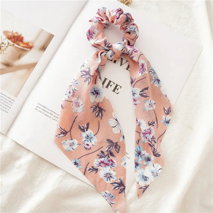 Flower Bow Satin Hair Ribbon Scrunchies – Vintage Ponytail Hairbands for Women