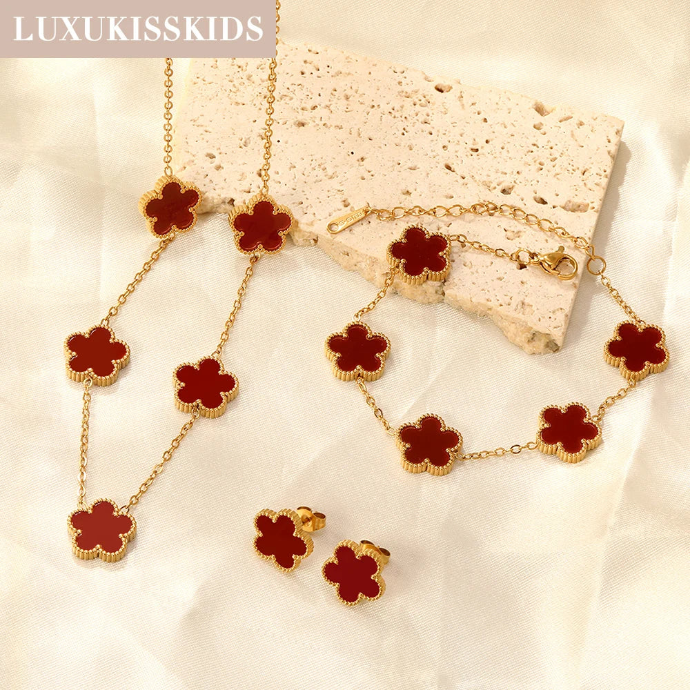 Stainless Steel Flower Clover Jewelry Set