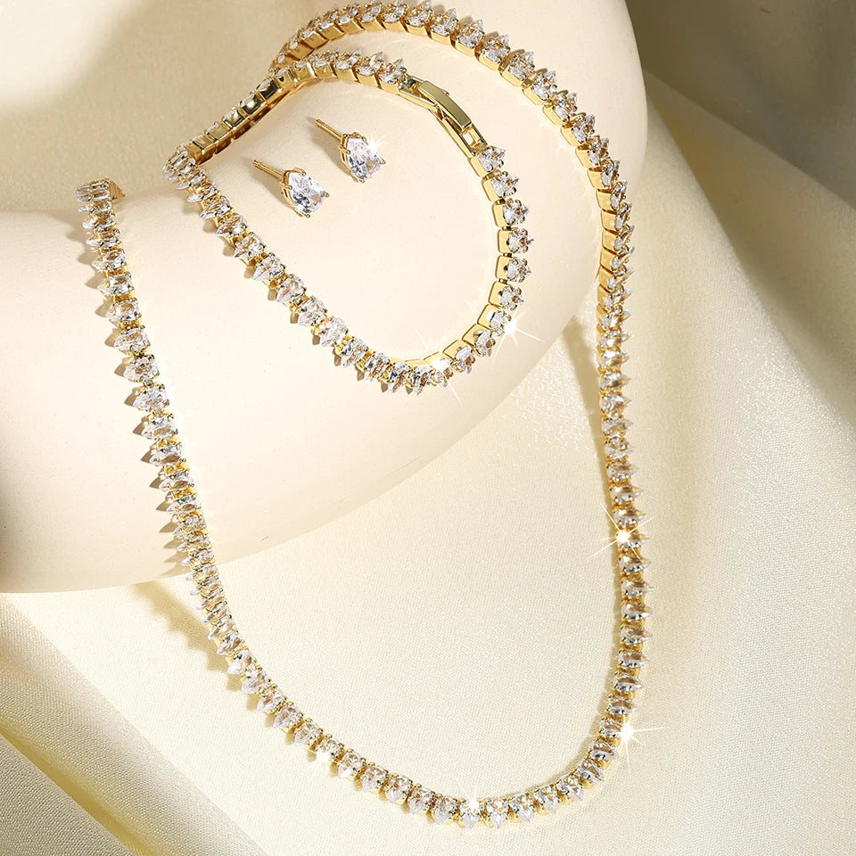 CZ Water Drop Necklace Earrings Bracelet Set
