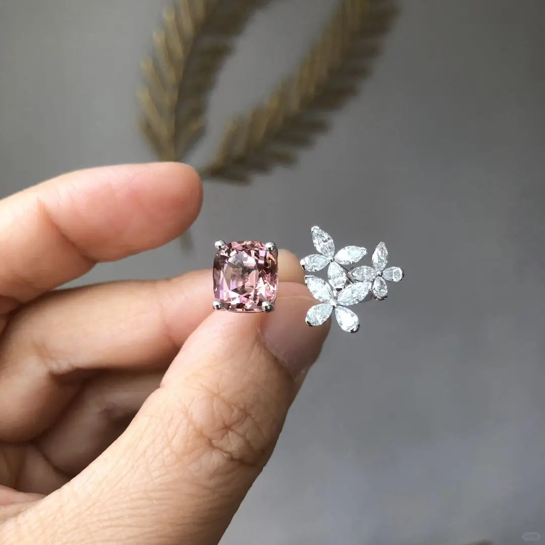 Horse eye diamond pink gemstone inlaid butterfly ring for women by edenista