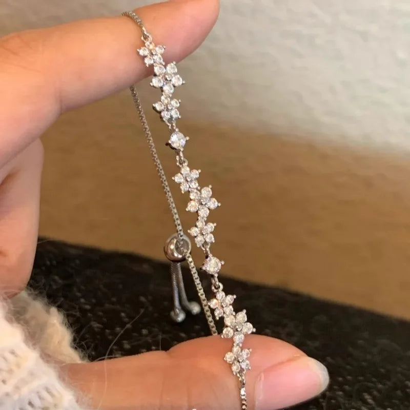 Shiny Crystal Zircon Flower Beaded Pull-Out Bracelet for Women Luxury Rhinestone by edenista