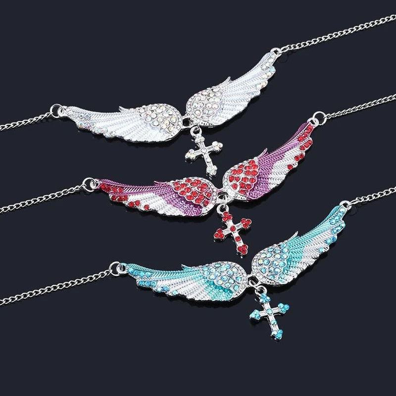 Angel Wings Cross Pendant Necklace – Crystal Rhinestone