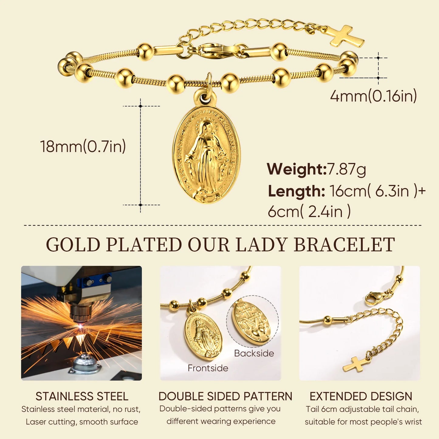 Virgin Mary Rosary Bead Cross Bracelet for Women Tri-color Adjustable Chain by edenista