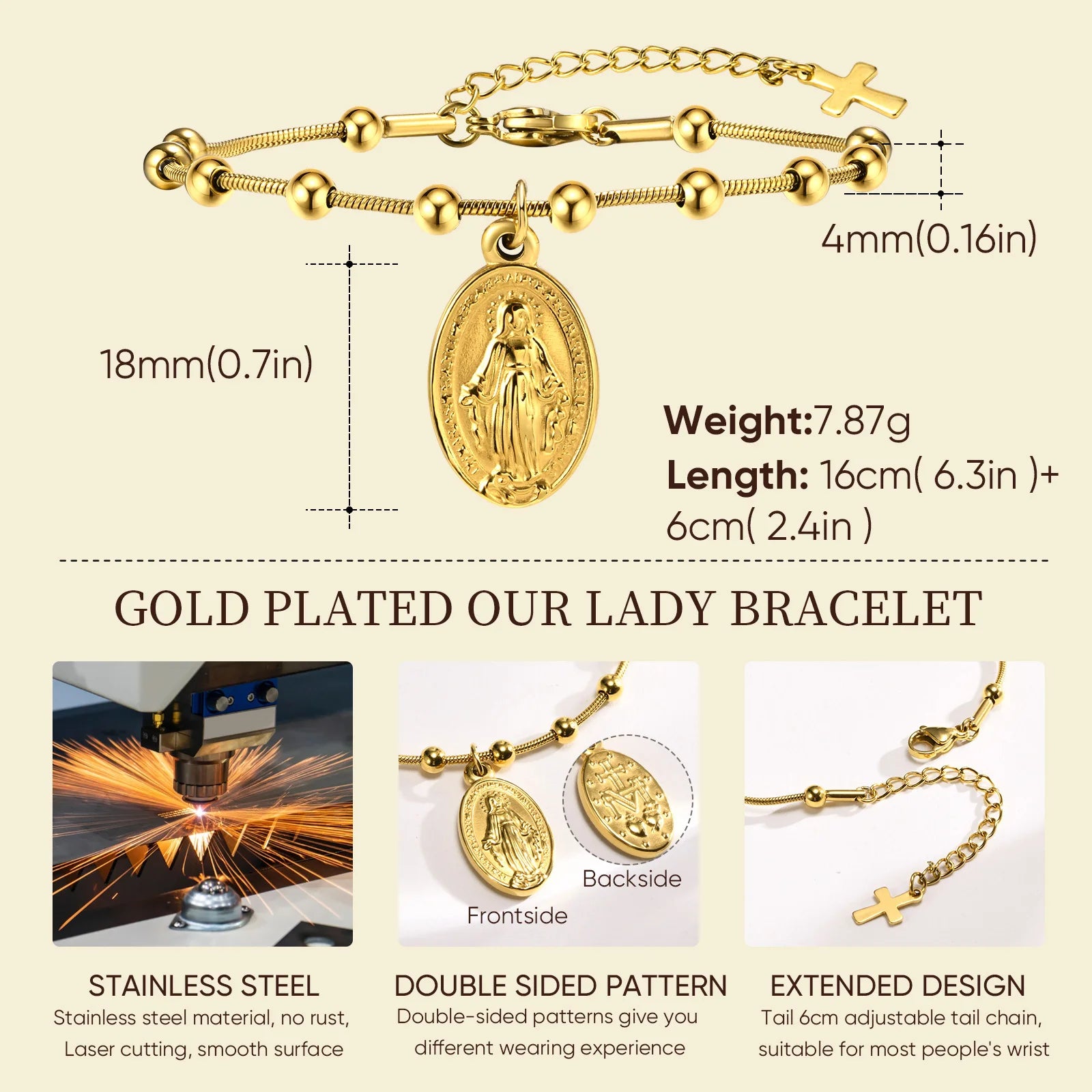 Virgin Mary Rosary Bead Cross Bracelet for Women Tri-color Adjustable Chain by edenista