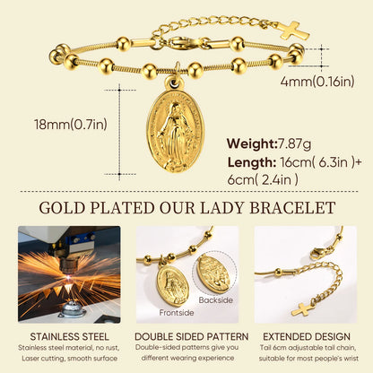 Virgin Mary Rosary Bead Cross Bracelet for Women Tri-color Adjustable Chain by edenista