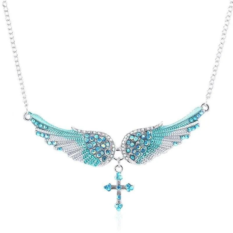 Angel Wings Cross Pendant Necklace – Crystal Rhinestone