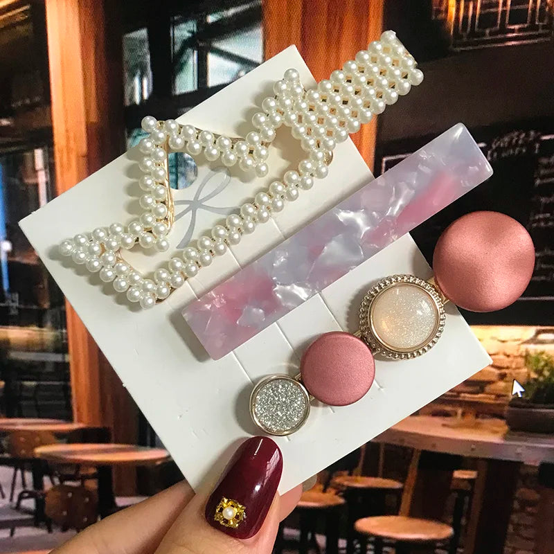 Acrylic Pearl Hair Clip Set – Geometric Hairgrip Barrettes for Women & Girls
