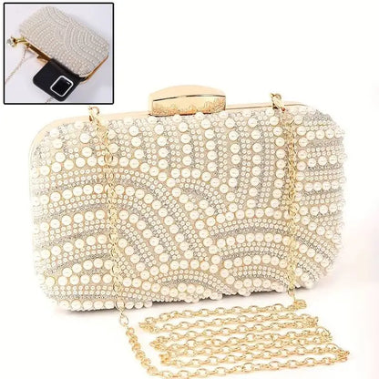 Edenista ivory pearl-bead evening clutch with long gold chain strap
