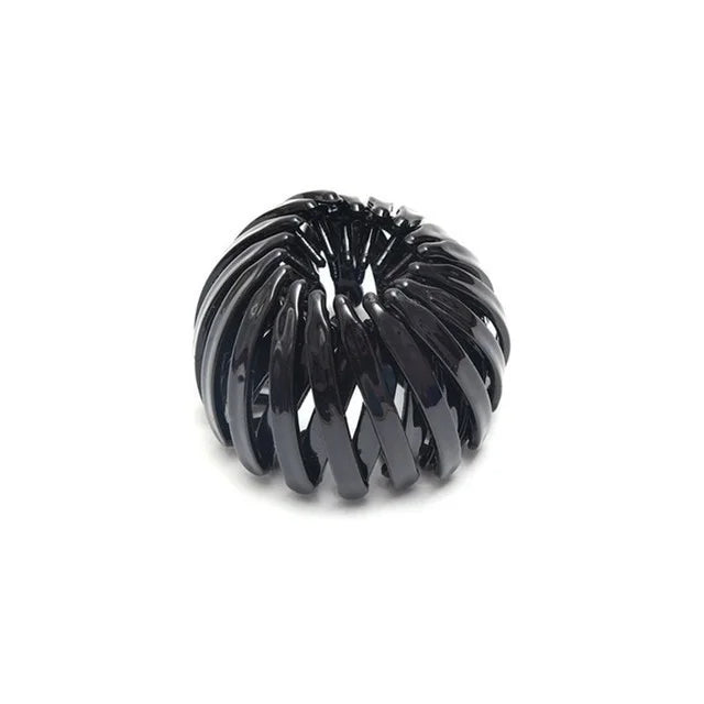 Bun hair clip, black, expanding bird-nest design for ponytails