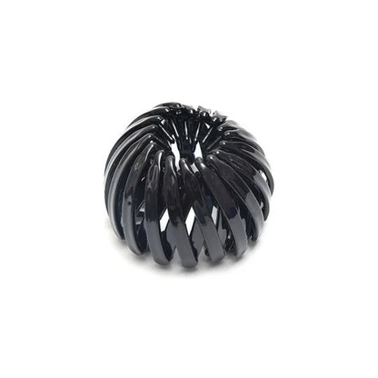 Bun hair clip, black, expanding bird-nest design for ponytails