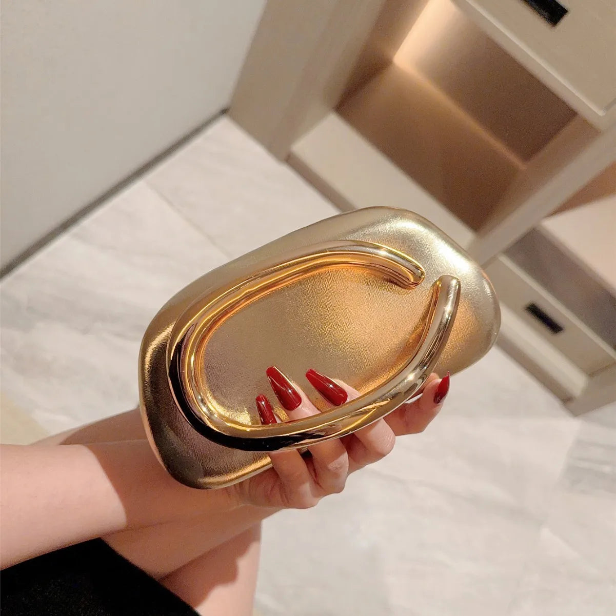 Edenista gold metal box clutch with curved ring handle, evening wedding purse