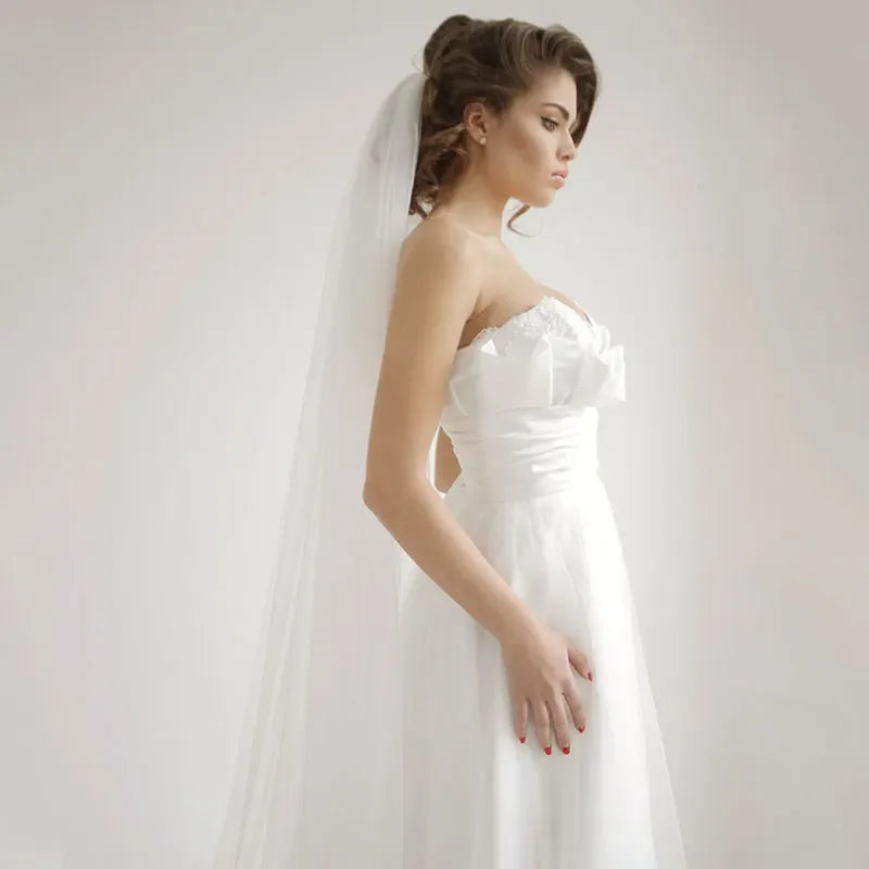 Woman in a white wedding dress with a long veil against a plain background