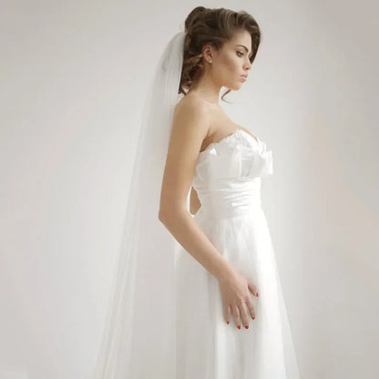 Woman in a white wedding dress with a long veil against a plain background