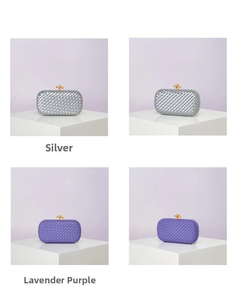 Crossbody B Home PU woven evening bag; four color variants in silver and lavender purple with gold clasp.