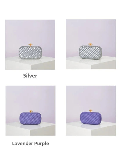Crossbody B Home PU woven evening bag; four color variants in silver and lavender purple with gold clasp.