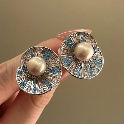 Blue Crystal Flower Stud Earrings for Women – Silver Plated