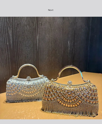 Diamond evening clutch bag set of two with rhinestone detailing in silver and gold, curved handles and fringe