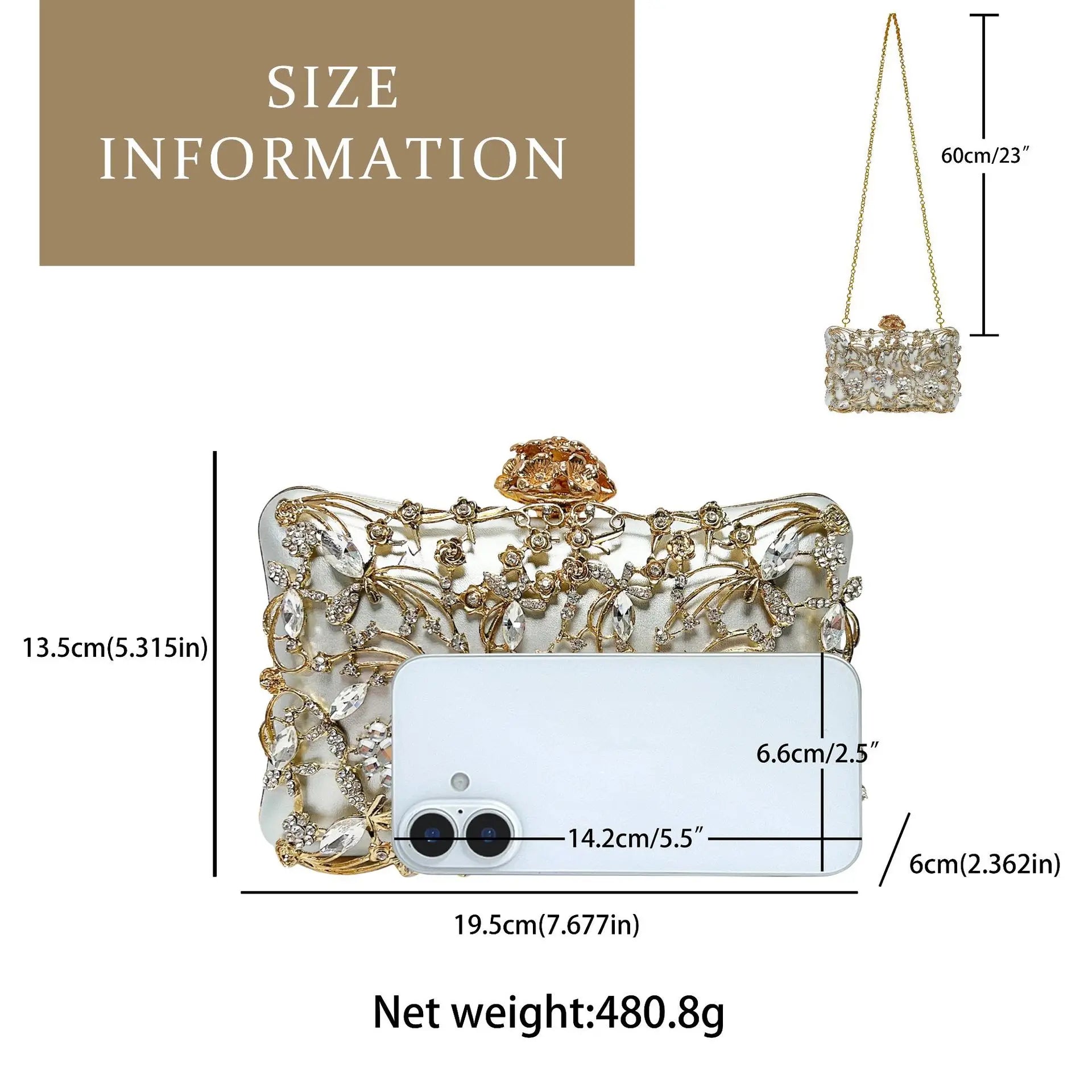 Edenista banquet clutch with diamond crystals and crystal floral embellishments, gold-tone chain