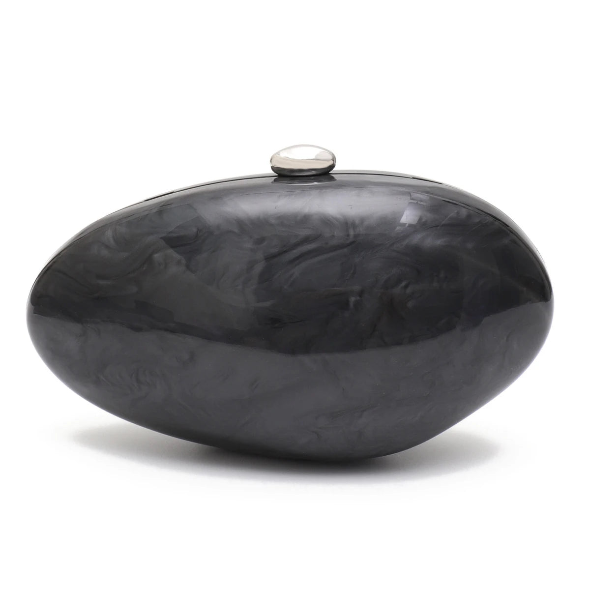 Shell-shaped acrylic clutch by Edenista in dark gray with clear dome clasp