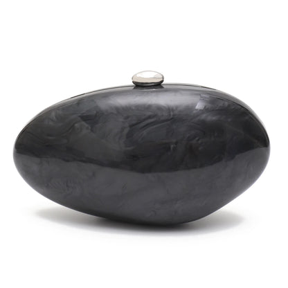 Shell-shaped acrylic clutch by Edenista in dark gray with clear dome clasp