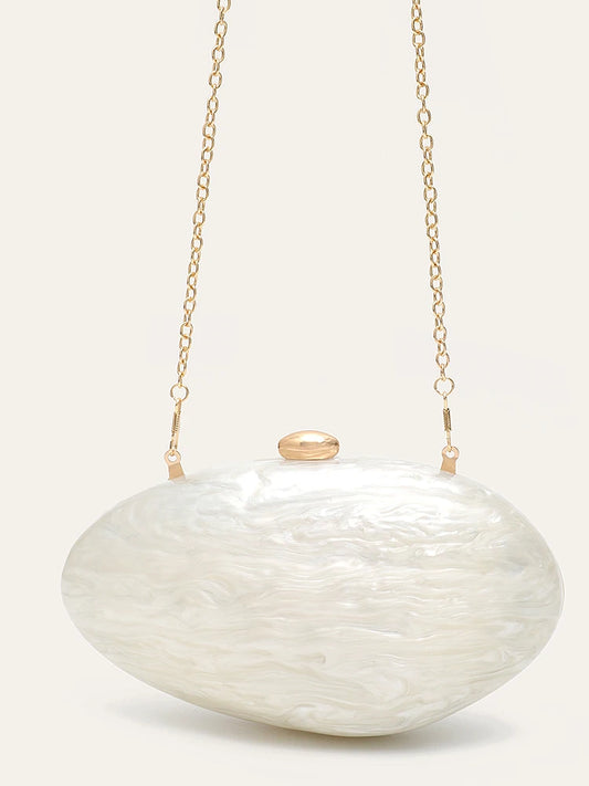 Edenista shell-shaped acrylic clutch in pearl white with gold chain strap
