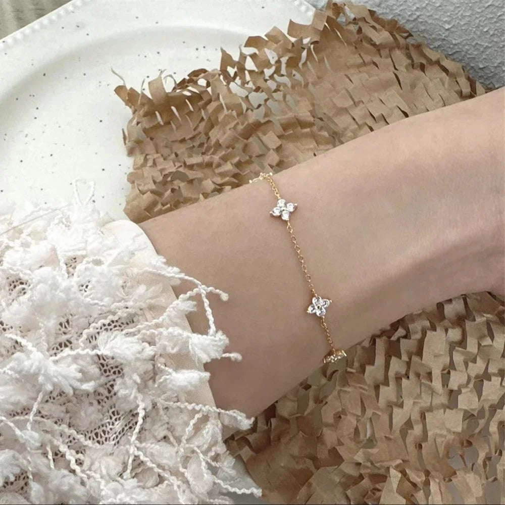 18K Gold Plated Zircon Four Leaf Collar Chain Necklace for Women