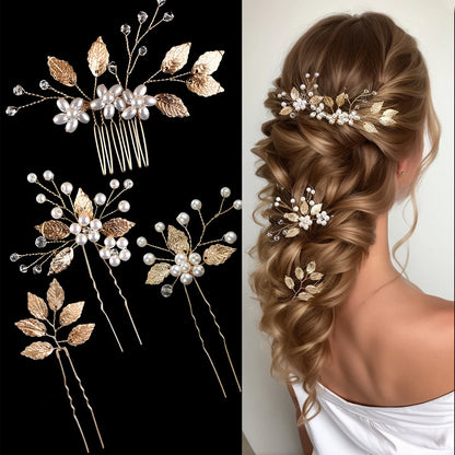Flower Hairpin & Leaf Side Comb Set 4pcs