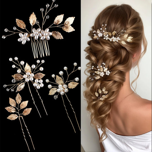 Flower Hairpin & Leaf Side Comb Set 4pcs