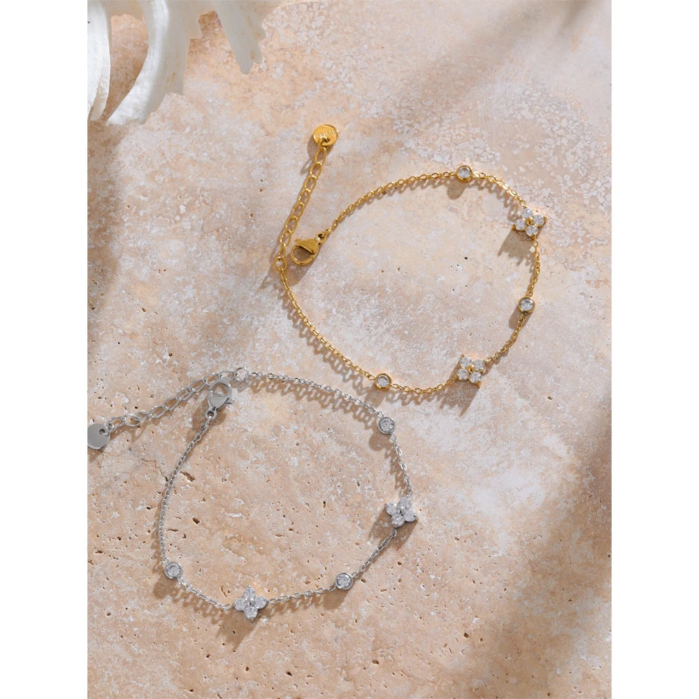 Cubic Zirconia Flower Chain Thin Bracelet – PVD Gold Plated