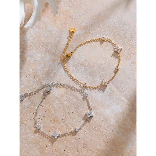 Cubic Zirconia Flower Chain Thin Bracelet – PVD Gold Plated