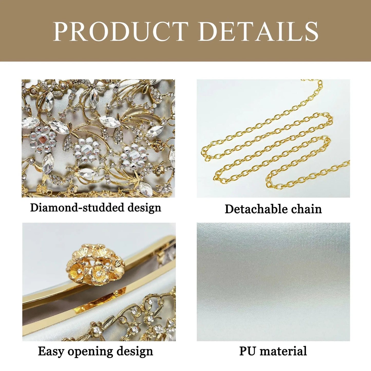 Two-piece diamond-studded jewelry set with a detachable gold chain; easy opening design and PU material.
