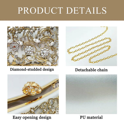Two-piece diamond-studded jewelry set with a detachable gold chain; easy opening design and PU material.